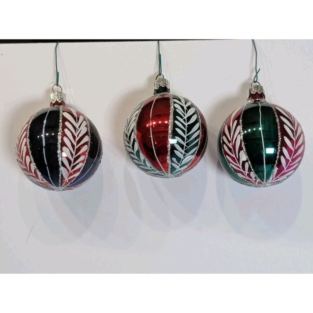 Vintage Hand-Painted Glass Christmas Ornaments Set of 3 Striped Glitter 2.36"